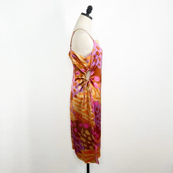 NWT Christian Lacroix Satin Printed Midi Dress Gold Pink Slip Party Vegas Size L - Picture 4 of 16